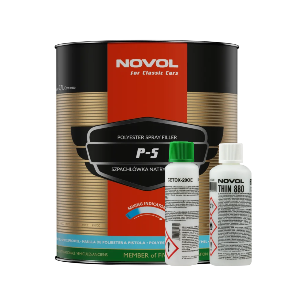 NOVOL Classic Car POLYESTER SPRAY FILLER + Hardener/Thinner, 2.7L Kit
